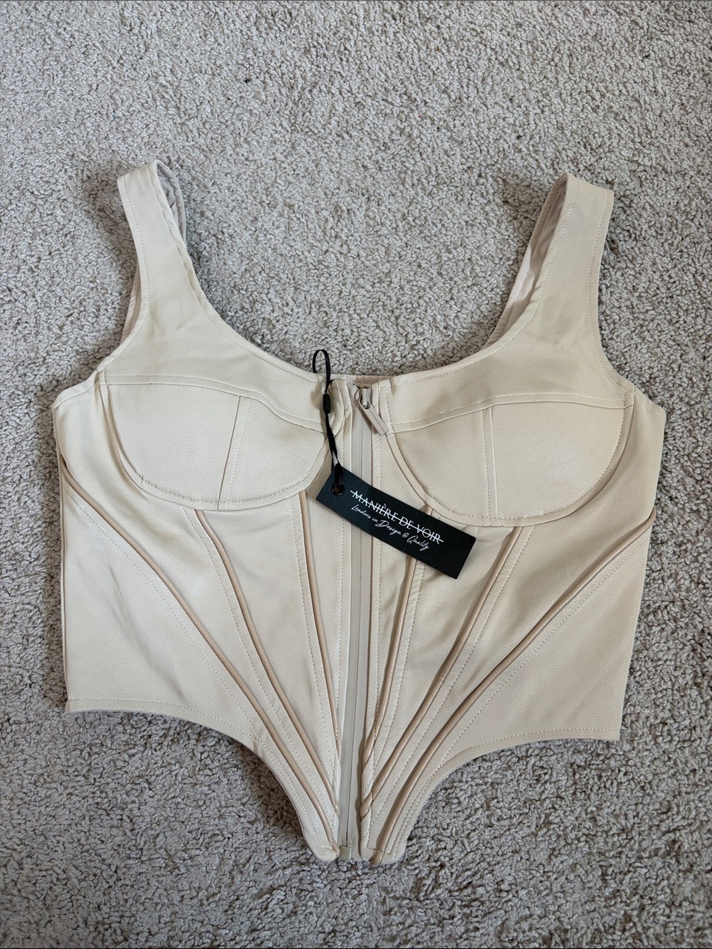 Maniere De Voir Cream Beige Vegan Leather Corset Top Bustier Front Zip 10 NWT